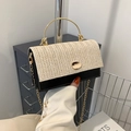 Retro woven straw and black leather crossbody bag with golden metal ring handle - Black