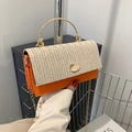 Woven straw and orange leather crossbody bag with golden handle and chain strap - Orange