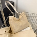Elegante bolso tote de paja tejida beige con asas de metal plateado para verano - Blanco Roto