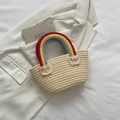 Mini straw bucket bag with rainbow woven handles and white tassel details - Off White