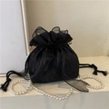 Black pleated lace bucket bag with pearl chain and elegant organza bow detail - Black