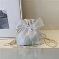 Silver pleated bucket bag with large white organza bow and pearl handle strap - White