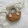 Handcrafted woven handbag in warm brown featuring rainbow handles and cream tassels - Khaki