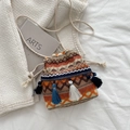 Böhmische gewebte Beuteltasche mit orange-blauen Jacquardmustern und Quastendetails - Stil 1