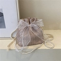 Champagne pleated bucket bag featuring an organza bow and long faux pearl strap - Khaki