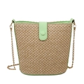Etnische strooien emmertas in beige met lichtgroene lederen bies en gouden ketting - Groen
