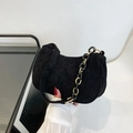 Schicke schwarze Cord-Baguette-Tasche für Damen mit gold-schwarzer Gliederkette - Schwarz