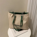Large beige straw tote bag with green leather trim and stylish metal chain straps - Dark Green