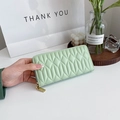 Mint green quilted long zipper wallet with elegant diamond stitching for women - Green