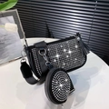 Conjunto de bolso bandolera retro negro con strass brillantes y correa ancha para mujer - Plateado