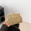 Retro gestreepte geweven clutch met goudkleurig handvat en fijne kettingriem - Groen