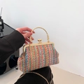 Kleurrijke geweven retro schelptas met gouden ketting en metalen handvat in strepen - Blauw