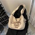 Large cream canvas hobo crossbody bag with bold brown fashion sport letter printing - White