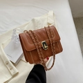 Elegant brown quilted small square bag with golden chain strap and metallic clasp closure - Dark Brown