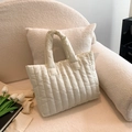 Minimalist cream white quilted down tote bag with vertical stitching for women - Off White