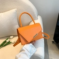 Orange faux crocodile texture mini square handbag with top handle and gold clasp - Orange Red