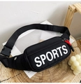 Black sporty waist bag for women featuring white SPORTS print and red zipper details - Black