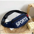 Dark blue sports waist bag with white SPORTS lettering and red zipper accents on wood - Blue