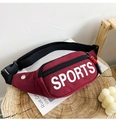 Wine red crossbody chest bag with white SPORTS print and adjustable black strap buckle - Red