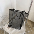 Minimalist black mesh tote bag with large capacity for women in a chic shopping setting - Black
