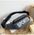 Dark grey sports waist bag with white SPORTS slogan and red zipper accent for outdoor use - Gray