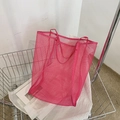 Large capacity rose red mesh tote bag for women with wide shoulder strap design - Rose Red
