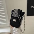 Fashionable black crossbody phone bag with silver studs and metal twist lock for women - White