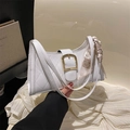 White quilted PU leather handbag with gold buckle and decorative floral silk scarf - White