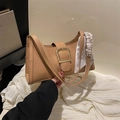 Quilted khaki PU leather shoulder bag with gold square buckle and decorative silk scarf - Khaki