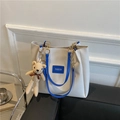 White and blue large capacity tote bag with golden chain and knitted bear charm accessory - Bear Pattern Blue