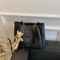 Large black pebbled leather tote bag with gold chain handles and cute teddy bear charm - Bear Pattern Black