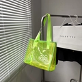 Fluorescent yellow transparent PVC tote bag with contour patterns and fabric handles - Green