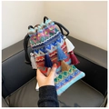 Bolso tipo cubo bohemio étnico con patrones geométricos coloridos y flecos largos - Azul Lago
