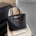 Minimalist black large capacity nylon tote bag with shoulder strap for daily commuting - Black