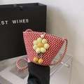 Mini red and white woven bucket bag with 3D flower and pearl button closure - Style 1 Red