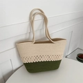 Woven tote bag in cream and olive green with wavy knit texture and rope handles - Green Stripe Color Block