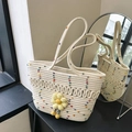 Borsa mare in cotone intrecciato bianco sporco con ciondolo a girasole e trama a onde - Stile 1 Bianco Riso (Ornamento Girasole Patchwork)