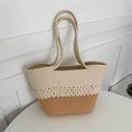 Two-tone woven tote bag with knot detail for summer beach and casual vacations - Patchwork Khaki