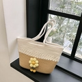 Borsa mare minimalista in corda di cotone intrecciata a mano in beige e kaki con fiore - Stile 1 Cachi (Blocco di Colore Con Fiore all'Uncinetto Giallo)
