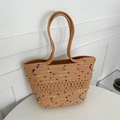 Light brown woven cotton tote bag with colorful specks and round weave handle detailing - Polka Dot Khaki