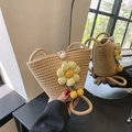 Mini khaki straw bucket bag with a yellow knit flower and elegant pearl closure - Style 1 Khaki