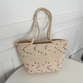 Cream hand-woven beach tote bag with colorful pom-poms and sturdy double handles - Polka Dot Cream White