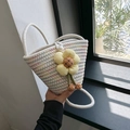 Mini woven flower bucket bag in cream cotton rope with colorful embroidery accents - Style 2 White