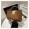 Detalle de textura de cocodrilo en bolso marrón con asas beige y herrajes plateados de lujo - Marrón