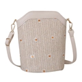 Bolso tipo cubo tejido beige con bordado de margaritas y correa de cuero ajustable - Blanco Roto