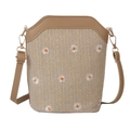 Bolso bandolera de paja con bordados de margaritas blancas y correa de cuero - Caqui