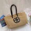 Sommer-Stroh-Shopper in Naturbeige mit schwarzem Logo und Schulterriemen - Schwarz