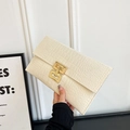 Minimalist cream white envelope clutch bag with crocodile texture and gold metal buckle - White