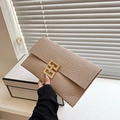 Minimalist apricot envelope clutch bag with crocodile texture and golden metal lock - Khaki