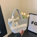 Blue and white woven bucket bag with lace bow detail and large capacity. - Gray And Scarf